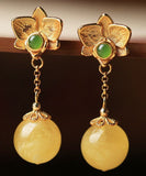 CIFEEO- Fine Yellow Sterling Silver Overgild Beeswax Amber Crystal Floral Drop Earrings GH1025