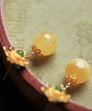 CIFEEO- Fine Yellow Sterling Silver Overgild Beeswax Amber Crystal Floral Drop Earrings GH1025