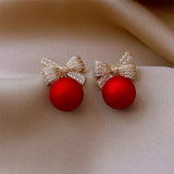 Cifeeo-Christmas gifts Trendy Red Pearl Long Earrings For Women Christmas Rhinestone Bow Cherry Flowers Earring Girls Party Christmas Jewelry Gifts