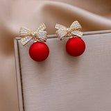 Cifeeo-Christmas gifts Fashion Crystal Bow Knot Stud Earrings For Women Pearl Cherry Flowers Rhinestone Red Earring Girls Party Christmas Jewelry Gifts