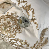 Cifeeo-White Satin and Cotton Bedding Set, Duvet Cover, Bed Sheet, Fitted Sheet, Pillowcases, Luxury European Royal Gold Embroidery