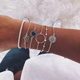 Cifeeo-Christmas Gift New Year's Eve Gift Fashion Geometric Stone Charm Bracelet Set For Women Retro Silver Color Moon Wrist Chain Open Bangle Lady Trendy Boho Jewelry