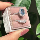 Cifeeo-Christmas gifts idea Winter outfits Christmas outfits 2pcs/set Fashion Oval Cut Natural Blue Crystal Engagement Rings Set Women Wedding Band Party Jewelry Ring Anniversary Gift