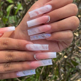 Cifeeo Long Fake Nails White Dradient With Diamond Full Cover False Nails DIY Glue Press On Nails Nail Supplies For Professionals