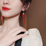 Cifeeo-Christmas gifts Trendy Red Pearl Long Earrings For Women Christmas Rhinestone Bow Cherry Flowers Earring Girls Party Christmas Jewelry Gifts