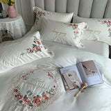 Cifeeo-Luxury 100S Egyptian Cotton Bedding Set, White Pastoral Flowers Embroidery, Duvet Cover, Bed Sheet, Fitted Sheet, Pillowcases