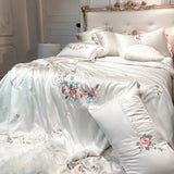 Cifeeo-Luxury White Pastoral Flower Embroidery Lyocell Eucalyptus Fiber Bedding Set, Queen, King Duvet Cover, Bed Sheet, Pillowcases