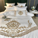 Cifeeo-White Satin and Cotton Bedding Set, Duvet Cover, Bed Sheet, Fitted Sheet, Pillowcases, Luxury European Royal Gold Embroidery