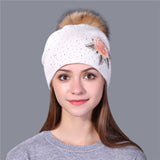 Christmas Gift Female winter hat fashion embroidery knitted beanie hat for women real fox fur pom pom wool hat Skullie hat girls gorro