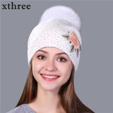 Christmas Gift Female winter hat fashion embroidery knitted beanie hat for women real fox fur pom pom wool hat Skullie hat girls gorro