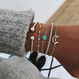 Cifeeo-Christmas Gift New Year's Eve Gift Fashion Geometric Stone Charm Bracelet Set For Women Retro Silver Color Moon Wrist Chain Open Bangle Lady Trendy Boho Jewelry