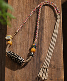 CIFEEO- Handmade Khaki Cloisonne Barrel Bead Tassel Lariat Necklace GH1036