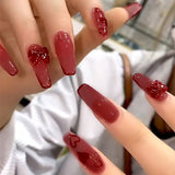 Cifeeo 24pcs/Box Jelly Red Long Coffin False Nails Strawberry Bow Star Press On Nails Fake Nails with Designs Wearable Full Cover Nail