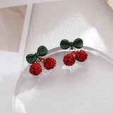 Cifeeo-Christmas gifts Fashion Crystal Bow Knot Stud Earrings For Women Pearl Cherry Flowers Rhinestone Red Earring Girls Party Christmas Jewelry Gifts