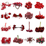 Cifeeo-Red Theme Artificial Flower Cherry Stamen Berries Bundle DIY Christmas Decoration Wedding Cake Gift Box Wreaths Xmas Decor