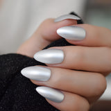 Mirror Silver False Nails STILETTO Point Metallic Acrylic Nail Tips 24pcs/kit Easy for Daily wear