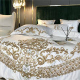 Cifeeo-White Satin and Cotton Bedding Set, Duvet Cover, Bed Sheet, Fitted Sheet, Pillowcases, Luxury European Royal Gold Embroidery