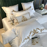 Cifeeo-White Satin and Cotton Bedding Set, Duvet Cover, Bed Sheet, Fitted Sheet, Pillowcases, Luxury European Royal Gold Embroidery