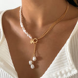 Cifeeo Baroque Simulated Pearls Long Tassel Pendant Necklace For Women Beaded Link Chain Necklace 2023 Trend Lariat Wedding Jewelry