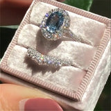 Cifeeo-Christmas gifts idea Winter outfits Christmas outfits 2pcs/set Fashion Oval Cut Natural Blue Crystal Engagement Rings Set Women Wedding Band Party Jewelry Ring Anniversary Gift