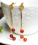 CIFEEO- Sterling Silver Overgild Inlaid Amber Beeswax Drop Earrings