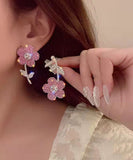 CIFEEO- New Fashionable Pink Organza Flower Crystal Tassel Earrings GH1068