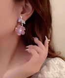 CIFEEO- New Fashionable Pink Organza Flower Crystal Tassel Earrings GH1068