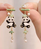 CIFEEO- Novelty Colorblock Metal Alloy Zircon Pearl Panda Bamboo Joint Tassel Drop Earrings KX1050