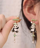 CIFEEO- Novelty Colorblock Metal Alloy Zircon Pearl Panda Bamboo Joint Tassel Drop Earrings KX1050