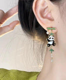 CIFEEO- Novelty Colorblock Metal Alloy Zircon Pearl Panda Bamboo Joint Tassel Drop Earrings KX1050