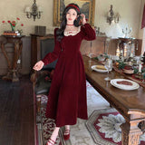 christmas outfit men Winter French Retro Square Collar High-Grade Hepburn Style Wine Red Velvet Dress Dress