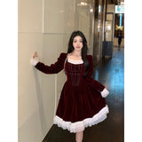 christmas outfit men Autumn and Winter plus Size Chubby Girl Retro Christmas Annual Meeting Sweet Velvet Lace Stitching Age-Reducing Long Short Slimming Dress