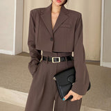 business casual outfits Chic Retro Lapel Loose Short One Button Suit Jacket + High Waist Long Wide Leg Suit Pants Suit