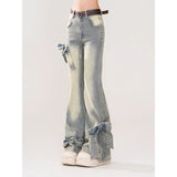 90s streetwear American Style Retro Bow Micro Flared Jeans for Women 2024 New Summer High Waist Mopping Pants Fashion