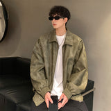 90s streetwear Tie-Dyed Leather Jacket Men's Spring and Autumn Loose plus Size Retro Vintage High Street Long-Sleeved Jacket