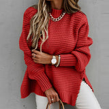 1980s fashion trends Autumn and Winter Half Turtleneck Loose Solid Color Long Sleeve Thick Needle Side Slit Knitted Sweater for Women