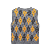 1980s fashion trends 2024 Autumn and Winter Preppy Style V-neck Sleeveless Diamond Pattern Jacquard Knitted Vest