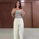 business casual outfits 2024 Summer Women's Contrast Color Striped off-Neck Top Wide Leg Pants Two-Piece Set