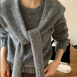 business casual outfits Autumn and Winter Loose Korean Chic Retro Simple round Neck Women's Knitted Pullover Sweater + Shawl Two-Piece Set