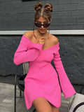 winter outfits men V-neck Long Sleeve Sexy Dress Knitted Skirt Autumn and Winter Short Skirt Bottoming A- line Ruffled Sweater Dress