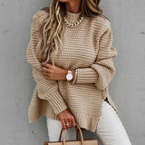 1980s fashion trends Autumn and Winter Half Turtleneck Loose Solid Color Long Sleeve Thick Needle Side Slit Knitted Sweater for Women