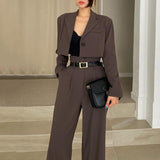 business casual outfits Chic Retro Lapel Loose Short One Button Suit Jacket + High Waist Long Wide Leg Suit Pants Suit