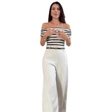 business casual outfits 2024 Summer Women's Contrast Color Striped off-Neck Top Wide Leg Pants Two-Piece Set