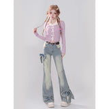 90s streetwear American Style Retro Bow Micro Flared Jeans for Women 2024 New Summer High Waist Mopping Pants Fashion