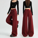 business casual outfits Maillard Angora Red Wide Leg Denim Pants High Waist Loose Slimming Straight Mop Pants Autumn