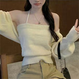 winter outfits men Autumn Lazy Style Long-Sleeved Sweater Halter Camisole Knitted Suit Korean Style Short Waistcoat