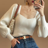 Buycifeeo business casual outfits Women's High-Quality Thick French-Style Sweater Top New Retro Lantern Sleeve Slimming Bottoming Sweater