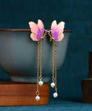 CIFEEO- Original Design Gradient Color Ancient Gold Pearl Butterfly Tassel Earrings GH1082