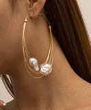 CIFEEO- Oversize Gold Multiple Layers Metal Pearl Hoop Earrings ZZ008