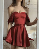 Cifeeo-back to school outfits Chic A line Off The Shoulder Burgundy Satin Short Party Dresses Homecoming Dresses BD2490